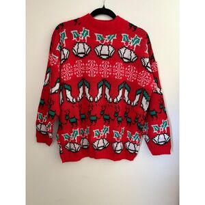 Vintage Ugly Christmas Sweater Red Reindeer Stockings Football Holiday Knit Sz L